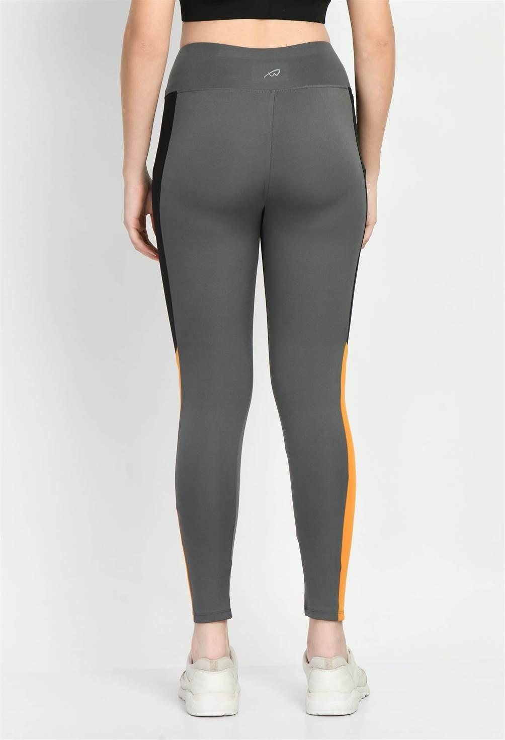 Waylene Color Block Grey Tights with Black and Orange Panels, Back View