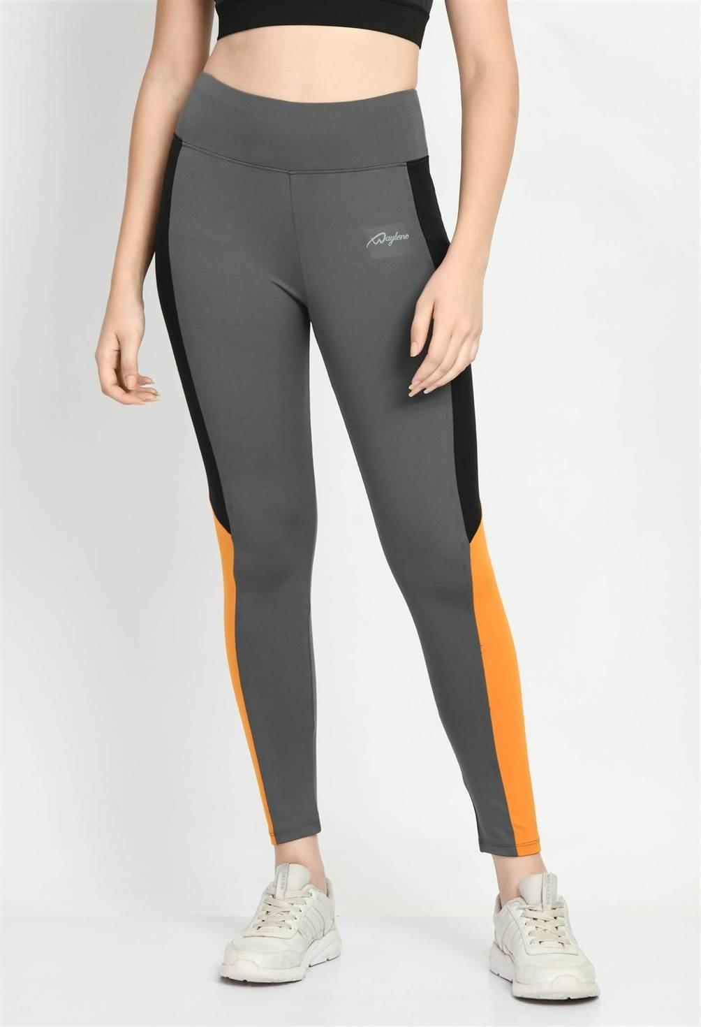 Waylene Color Block Grey Tights with Black and Orange Panels, Front Pose