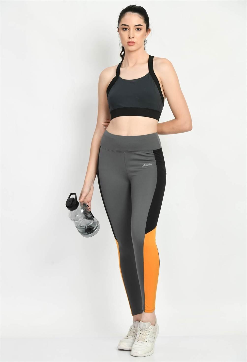 Waylene Women's Color Block Grey Tights with Black and Orange Panels, Full Body View