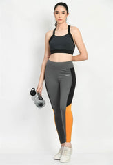 Waylene Women's Color Block Grey Tights with Black and Orange Panels, Full Body View