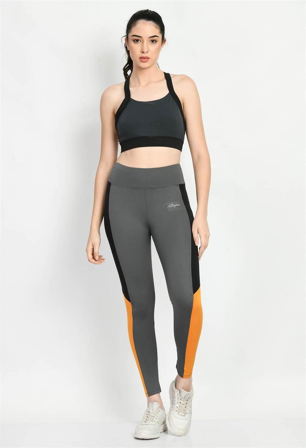 Waylene Women's Color Block Grey Tights with Black and Orange Panels, Front View