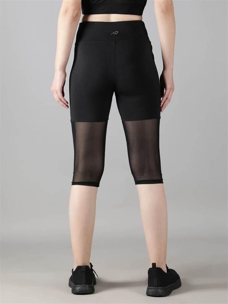 Waylene Women's Black High-Waisted Capri Leggings with Rounded Mesh Back View