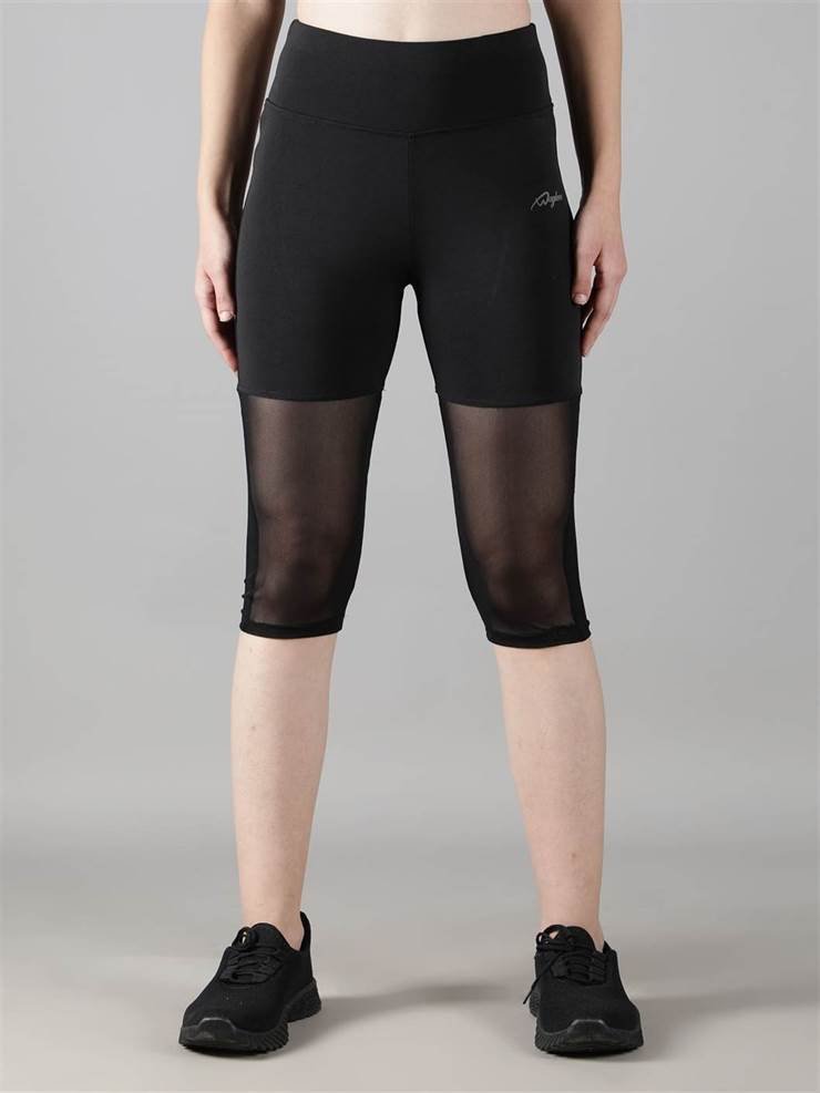 Waylene Women's Black Capri Tights, front view focusing on mesh details
