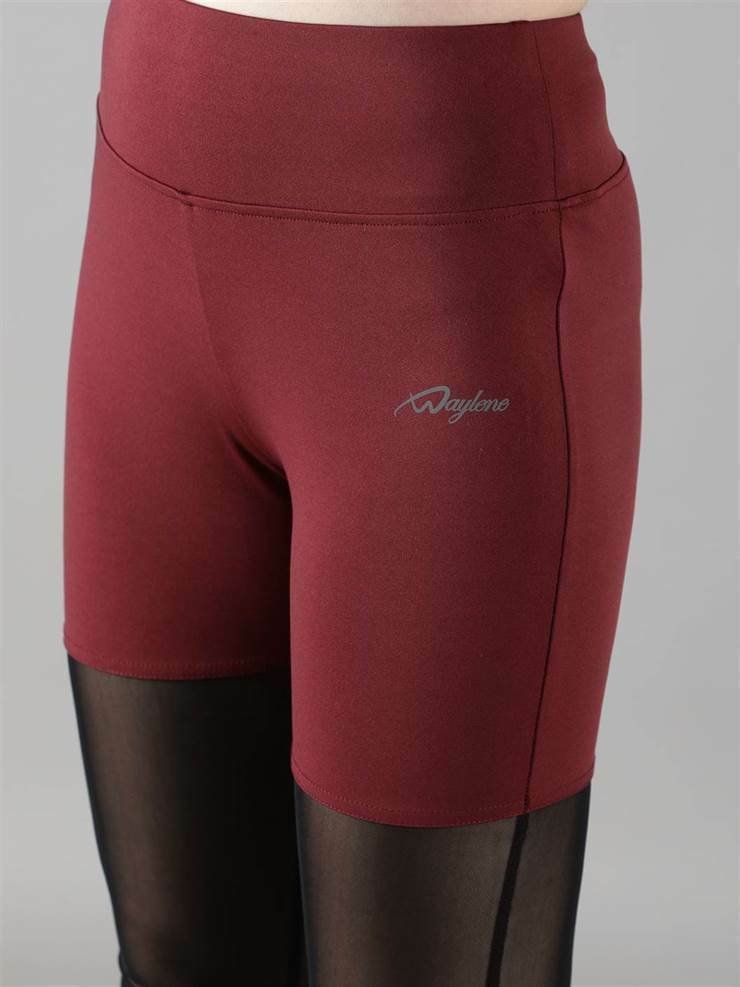 Waylene Women's Wine Color Capri Tights, Waistband and Logo Detail