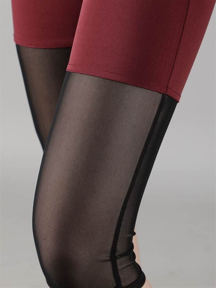 Waylene Women's Wine Color Capri Tights, Mesh Detail Close-up