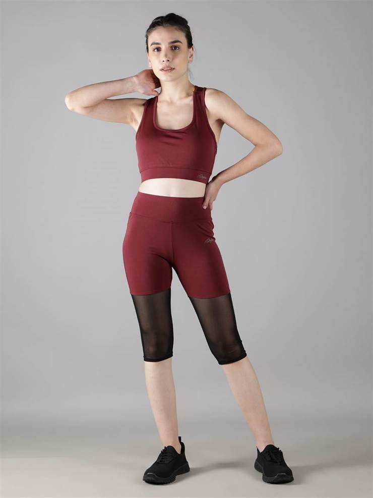 Waylene Women's Wine Color Track Suit with Capri Tights, Front Pose