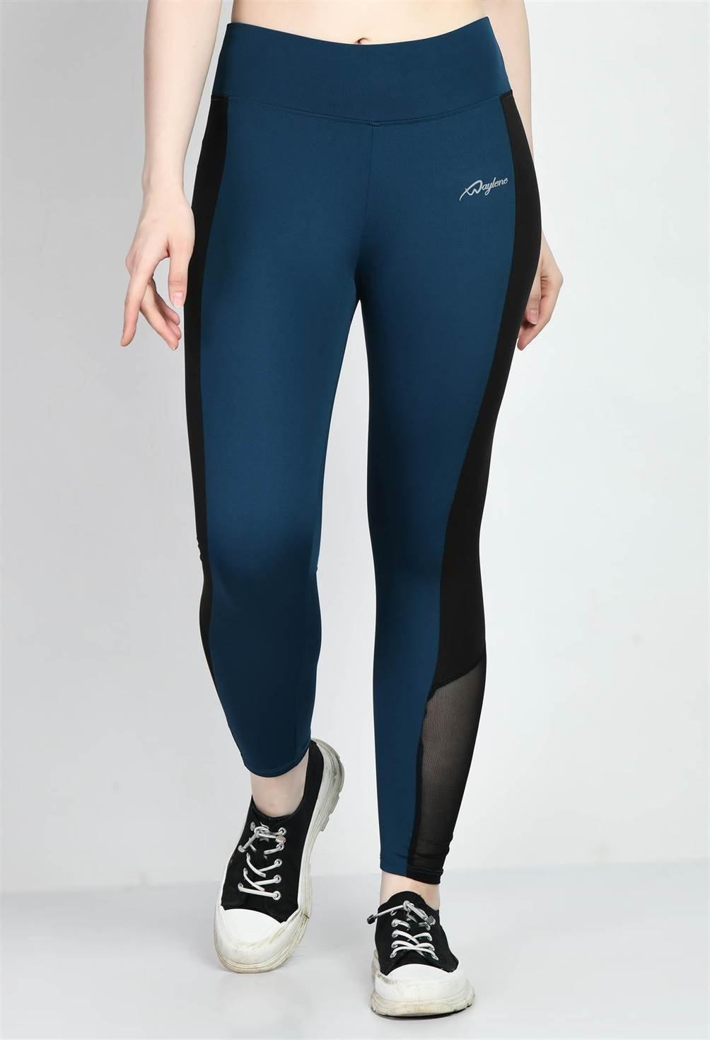 Waylene Teal Blue Athletic Tights with Black Mesh Panels and Logo