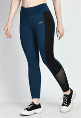 Waylene Teal Blue High Waist Tights with Black Color Block and Mesh Accents
