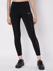 Waylene Black Sports Leggings with Mesh Panels, Front View