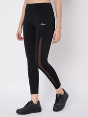 Waylene Black Sports Leggings with Mesh Panels, Side Angle