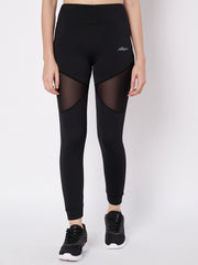 Waylene Black Sports Leggings Front View with Sheer Mesh Design