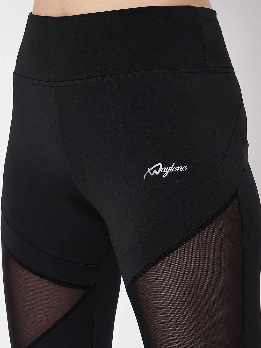 Waylene Black Sports Leggings with Sheer Mesh Panels and High Waist