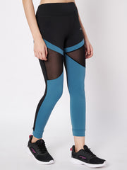 Waylene athletic leggings featuring blue accents and breathable mesh inserts.