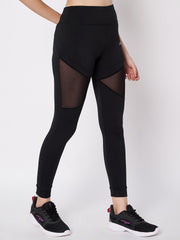 Waylene Black Sports Leggings Full View with Sheer Mesh and Ankle Cuffs