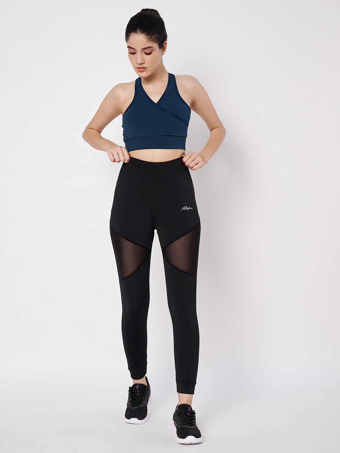 Waylene Black Sports Leggings Styled with Blue Sports Bra, Featuring Mesh Panels
