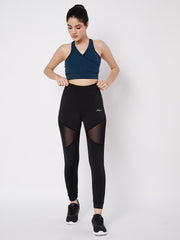 Waylene Black Sports Leggings Styled with Blue Sports Bra, Featuring Mesh Panels
