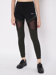 Waylene Sports Leggings with Black and Olive Panels and Mesh Inserts