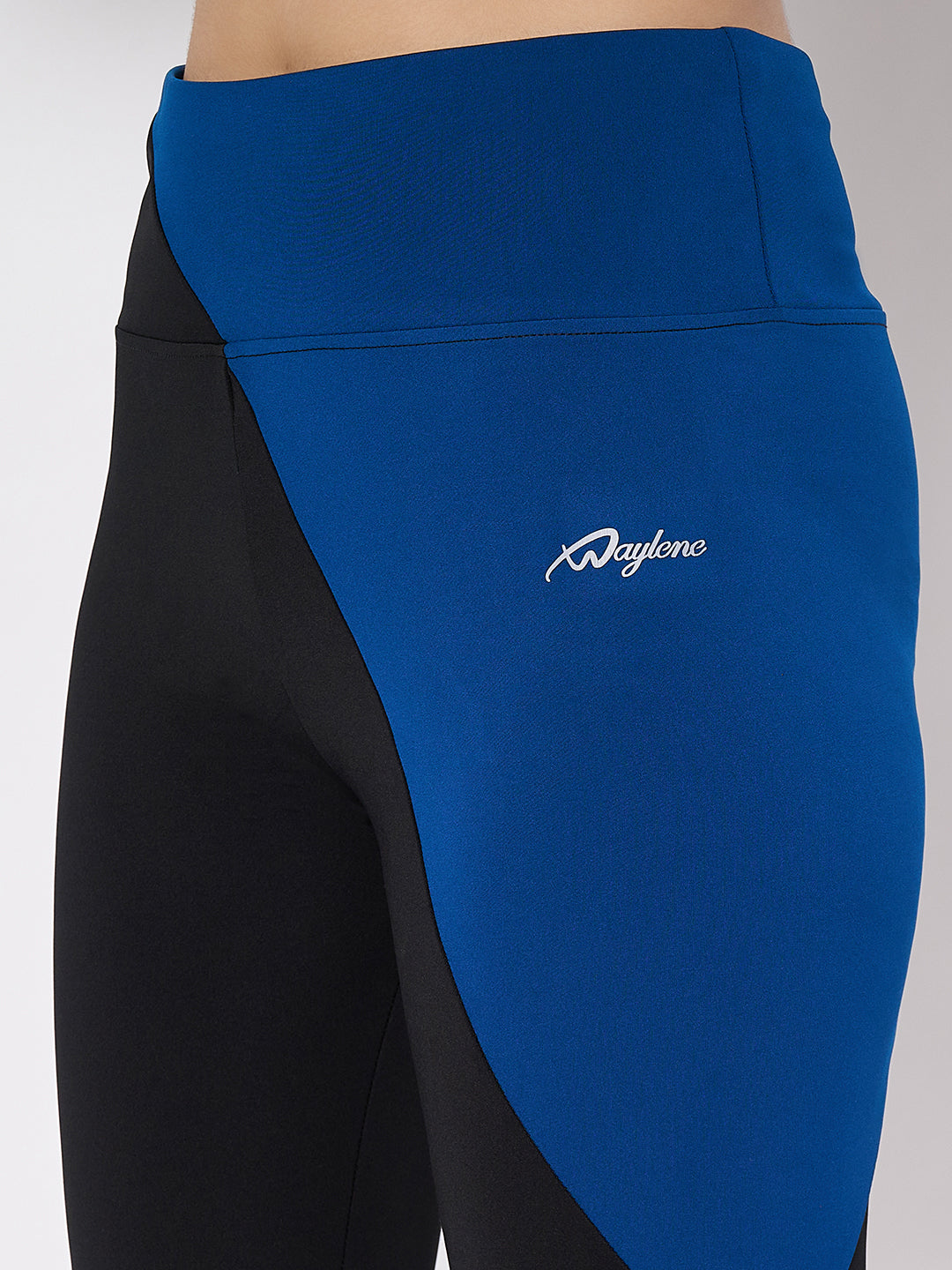 Waylene sports leggings with blue and black color block design, high waist
