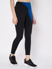 Waylene black and blue high-waisted sports leggings, full-length view