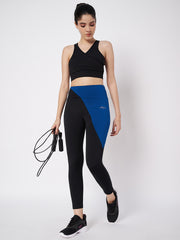 Waylene color block leggings in blue and black, styled for workout