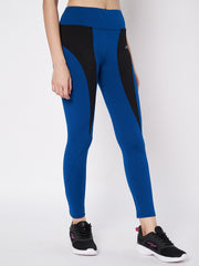 Waylene blue and black high-waisted sports leggings, side view showcasing sleek fit.