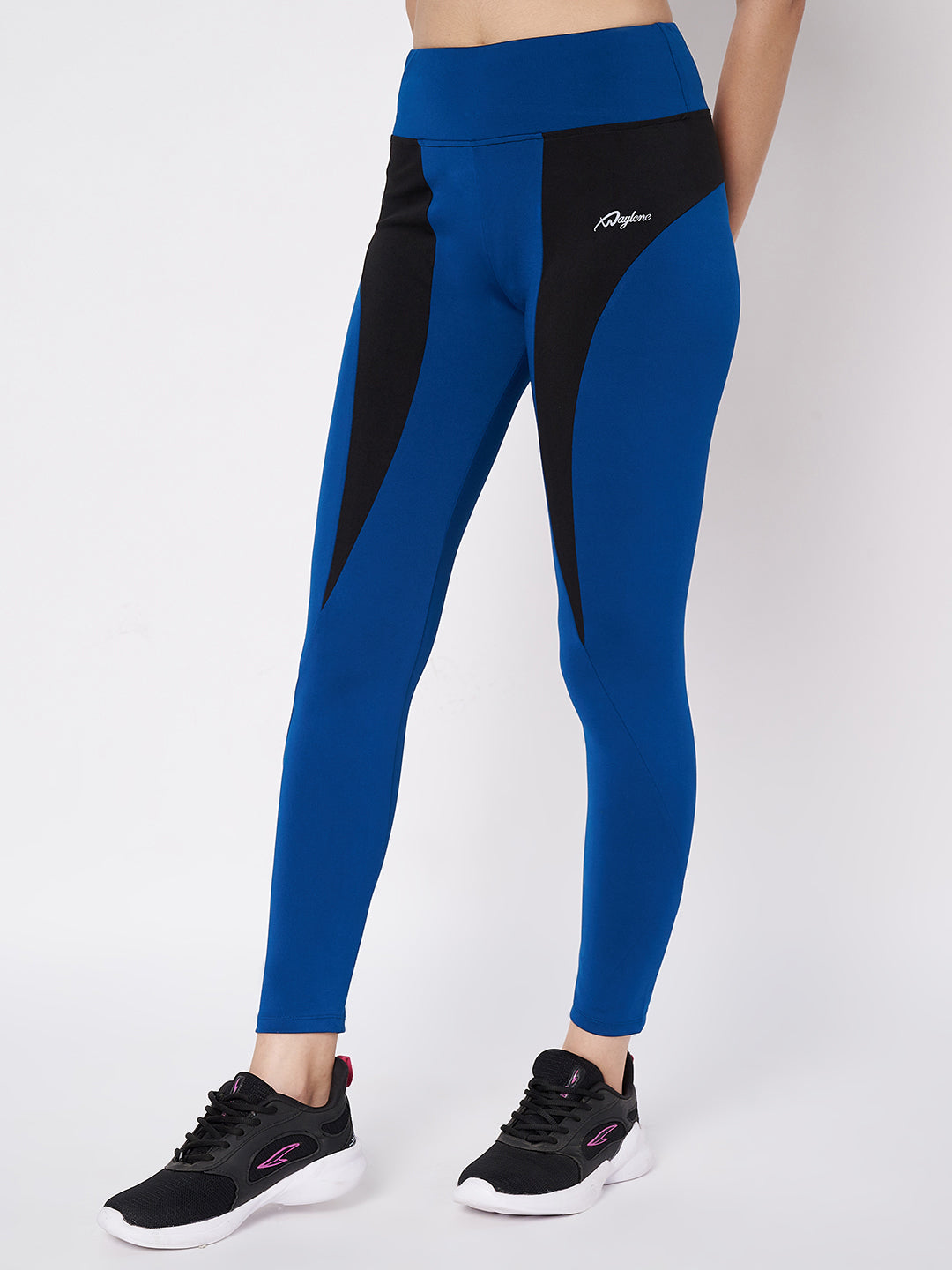 Waylene blue and black high-waisted sports leggings, angled view showing full length and fit.
