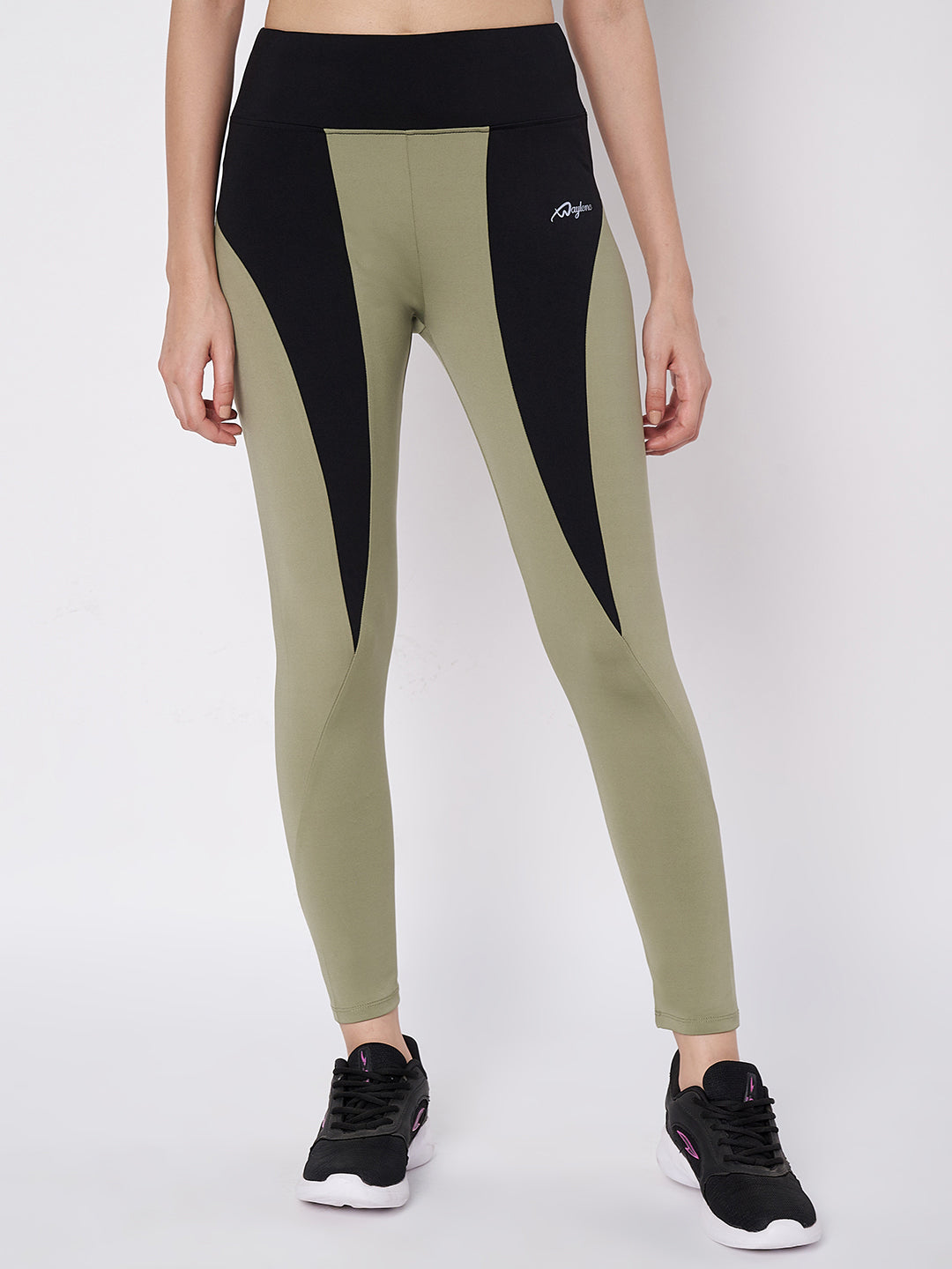 Waylene women's leggings with olive green and black color block design, high waist fit