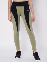 Waylene women's leggings with olive green and black color block design, high waist fit