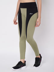 Waylene olive green and black color block leggings, high waist with logo detail