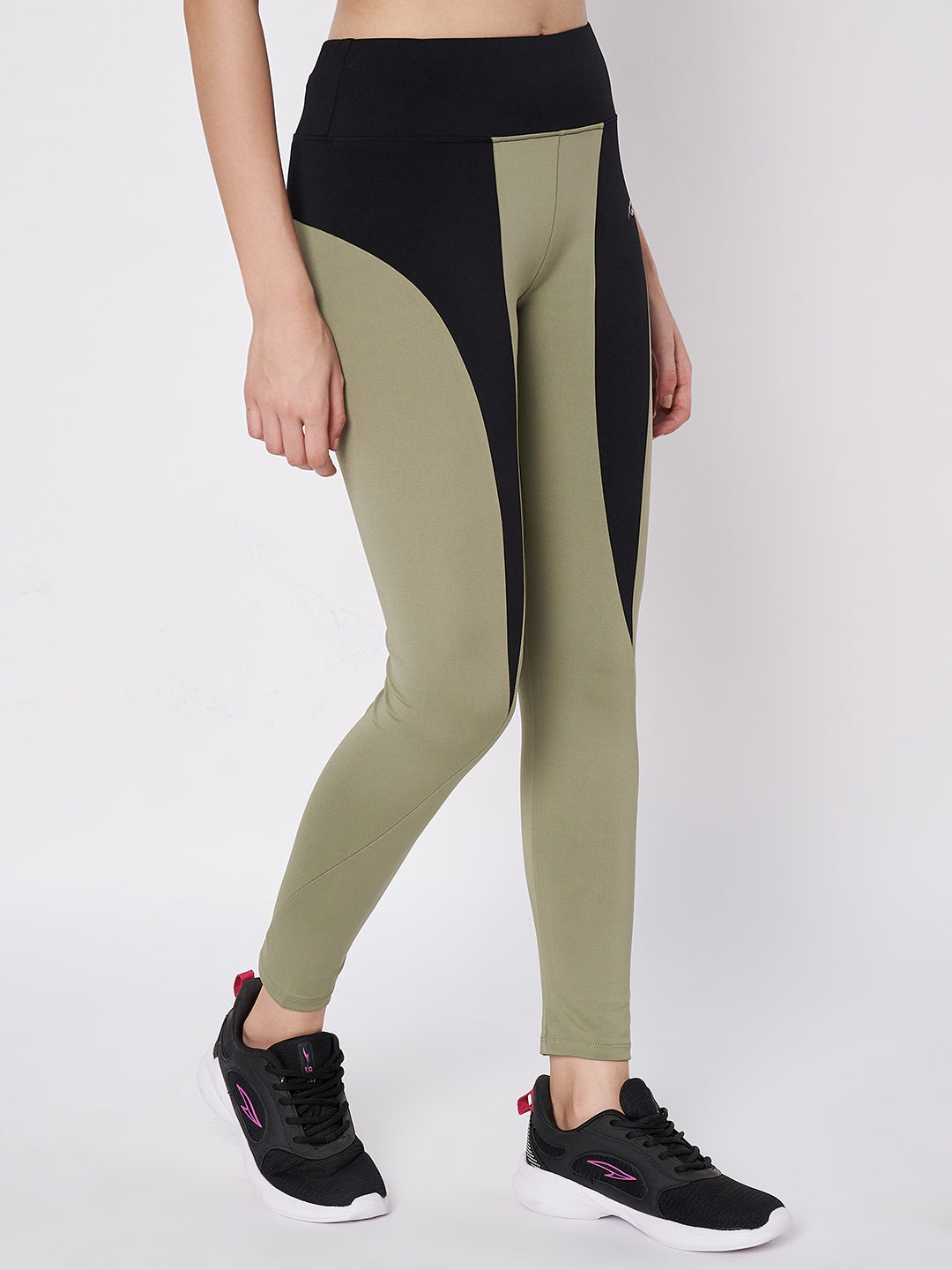 Waylene women's leggings with olive green and black panels, high waist style