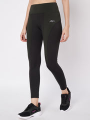 Waylene black and olive leggings side view with logo