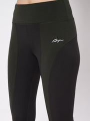 Close-up of Waylene black and olive leggings with logo detail