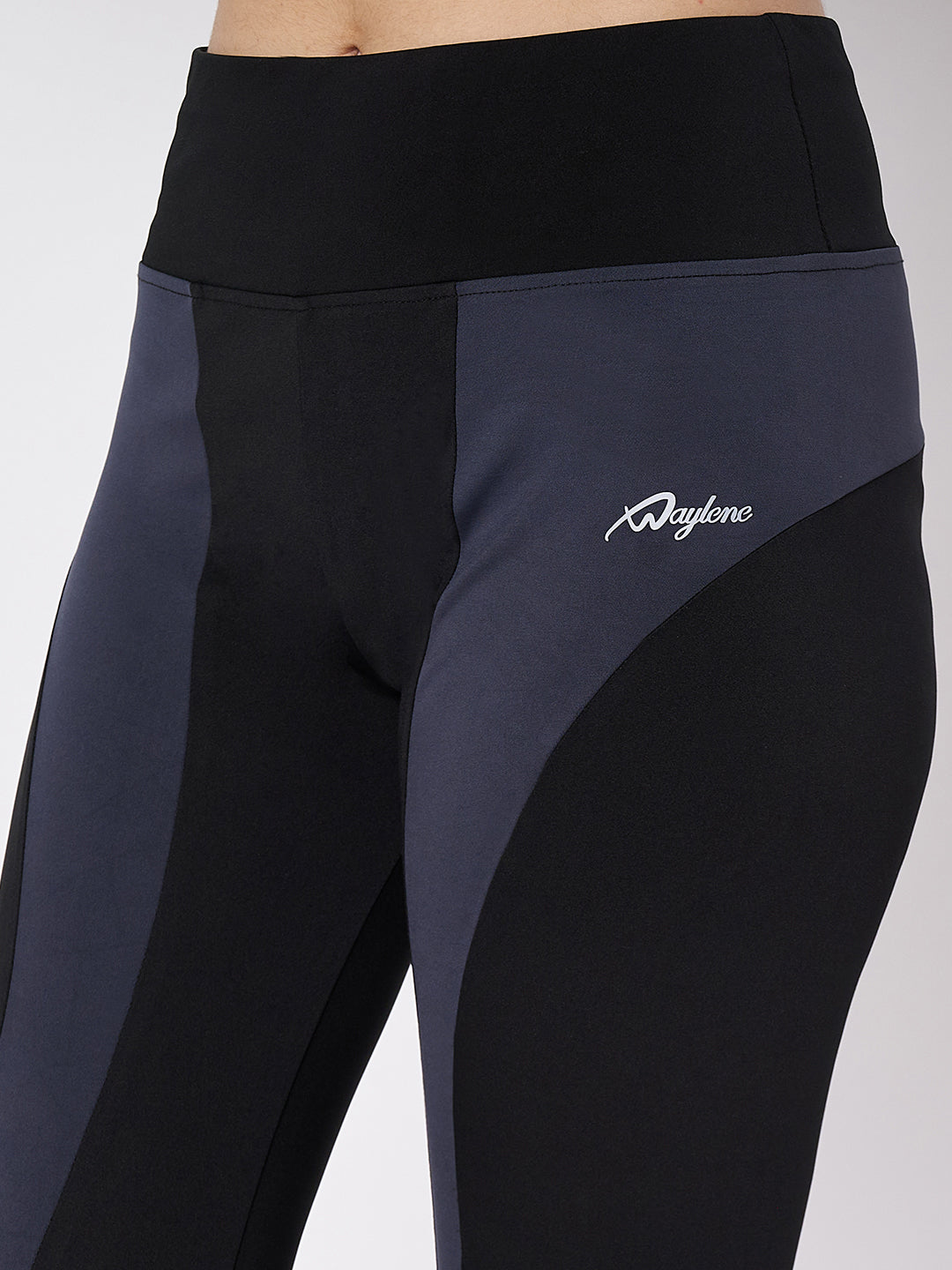 Waylene Close-Up of Black and Gray Leggings with Logo Detail