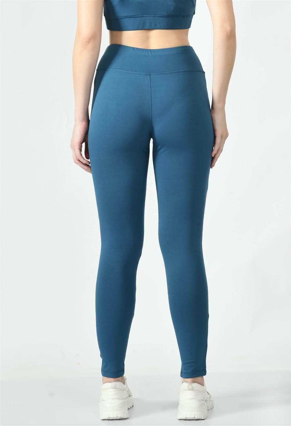 Waylene Teal Blue Yoga Leggings, back view displaying high-waist and seamless design.