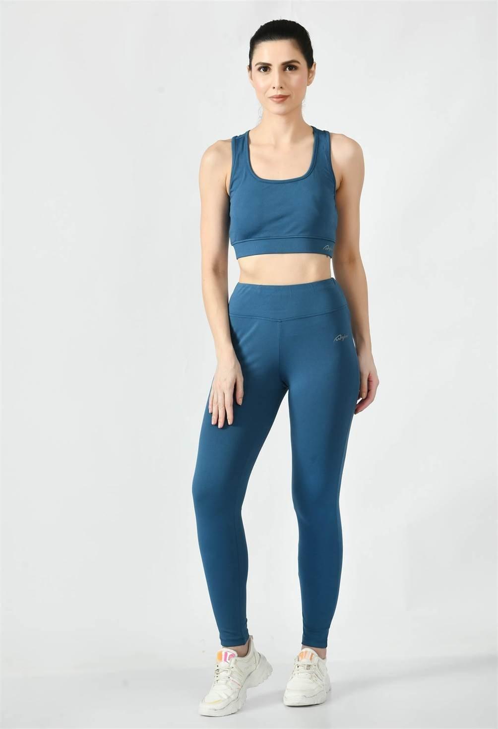 Waylene Teal Blue Yoga Outfit, full view of high-waisted leggings with matching top.