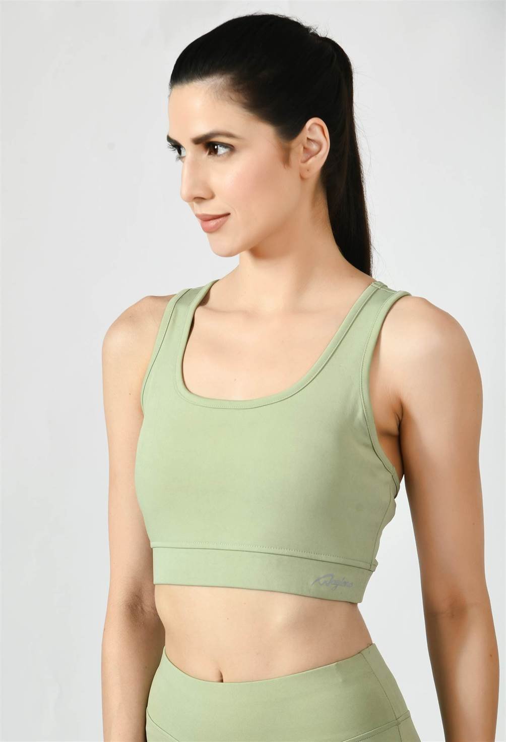 Waylene Pista Green Sleeveless Crop Top, Close-Up Front View