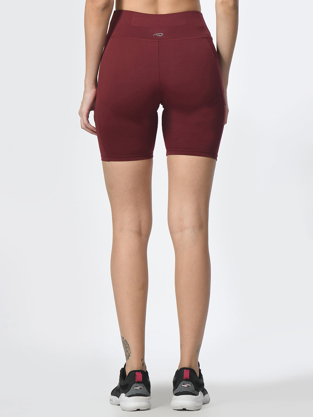 Back view of Waylene wine-colored high-performance shorts with pocket, women's activewear.