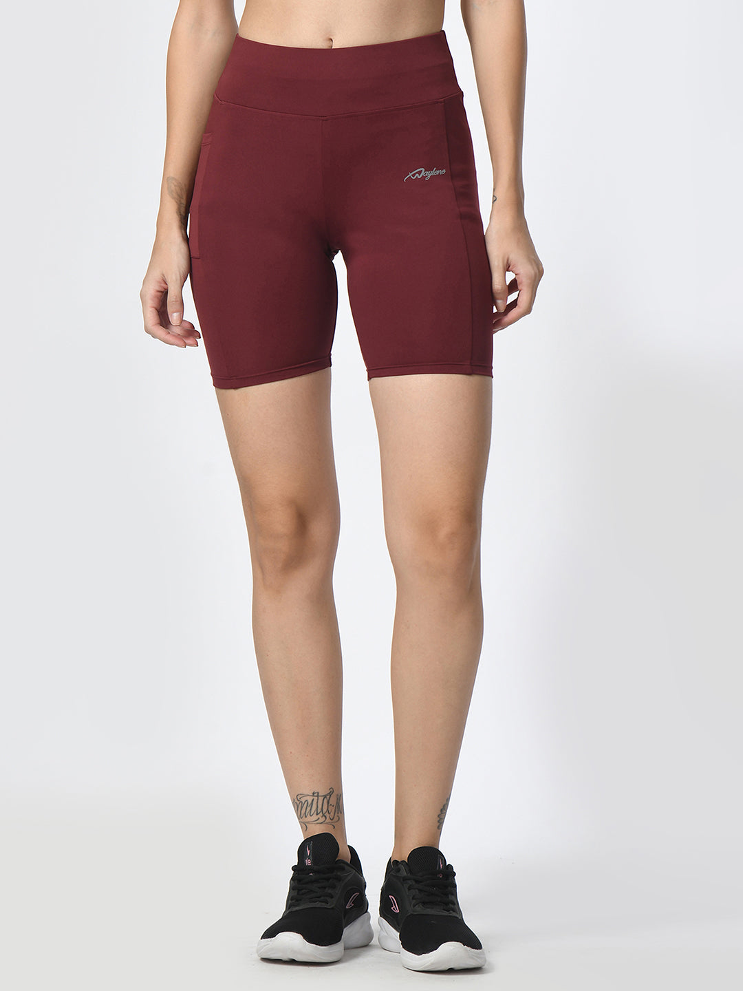 Front view of Waylene wine-colored high-performance shorts with pocket, women's activewear.