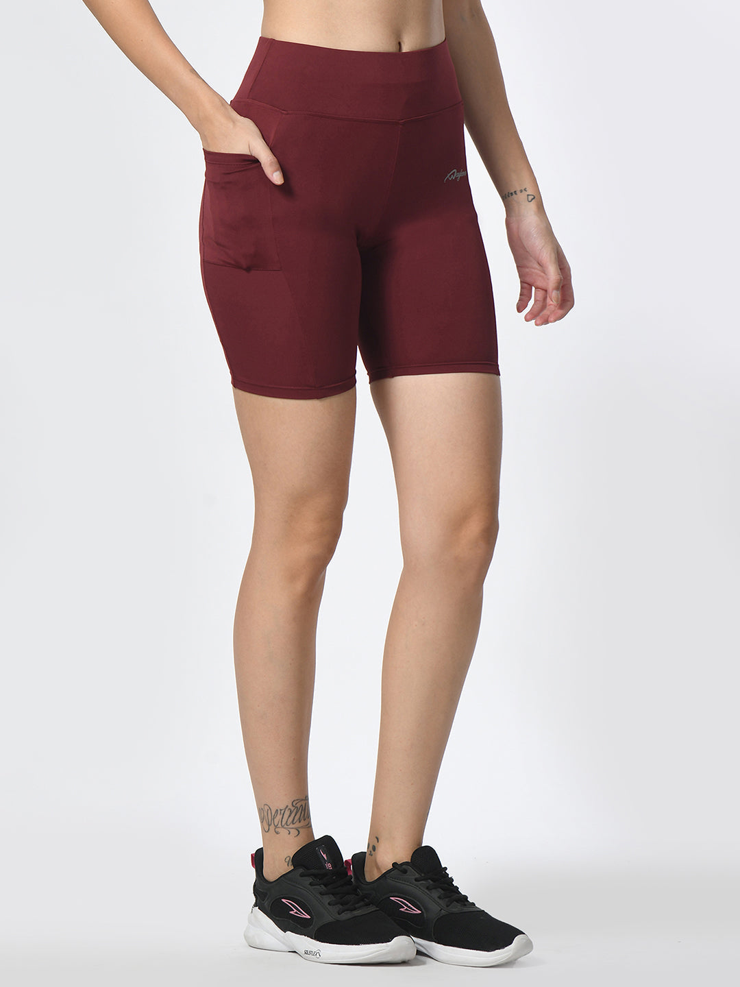 Side view of Waylene wine-colored high-performance shorts with pocket, women's activewear.