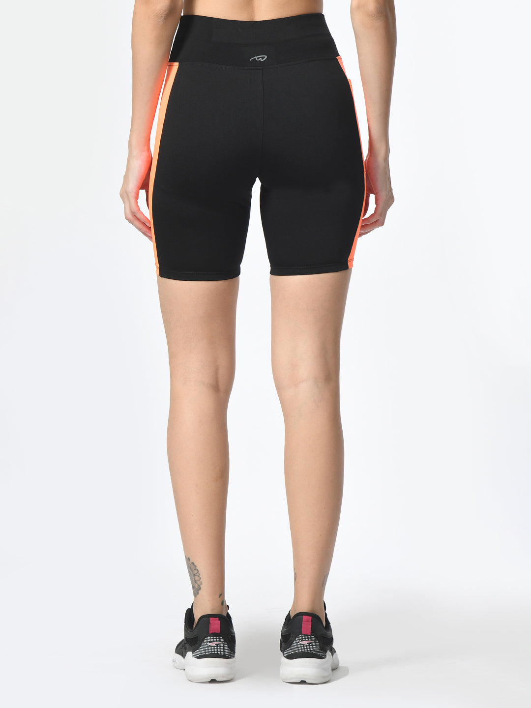 Waylene Black & Orange Colorblock High-Performance Shorts with Pocket, back view.
