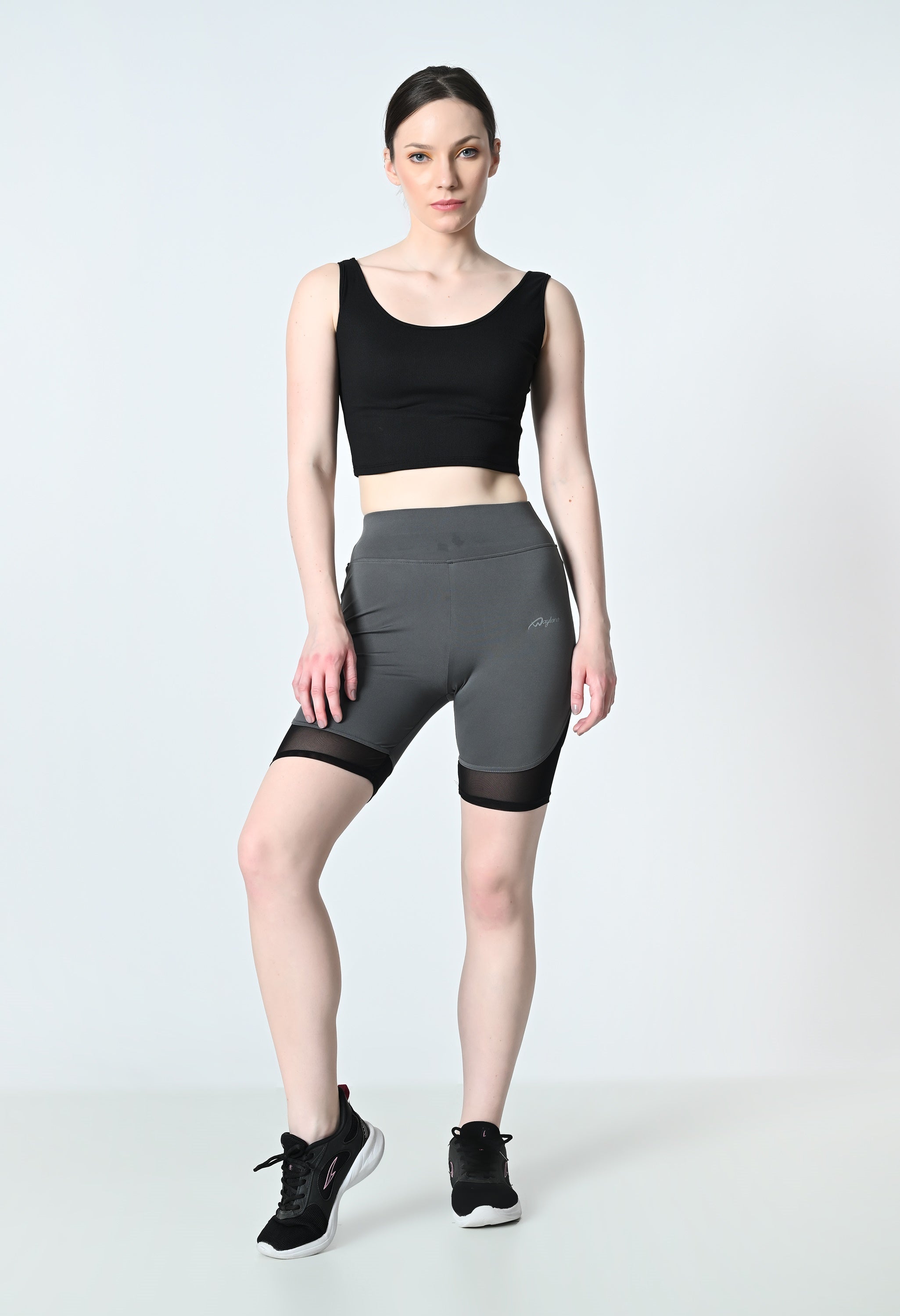 Waylene Grey Women's Active Shorts with High Waist and Mesh Trim