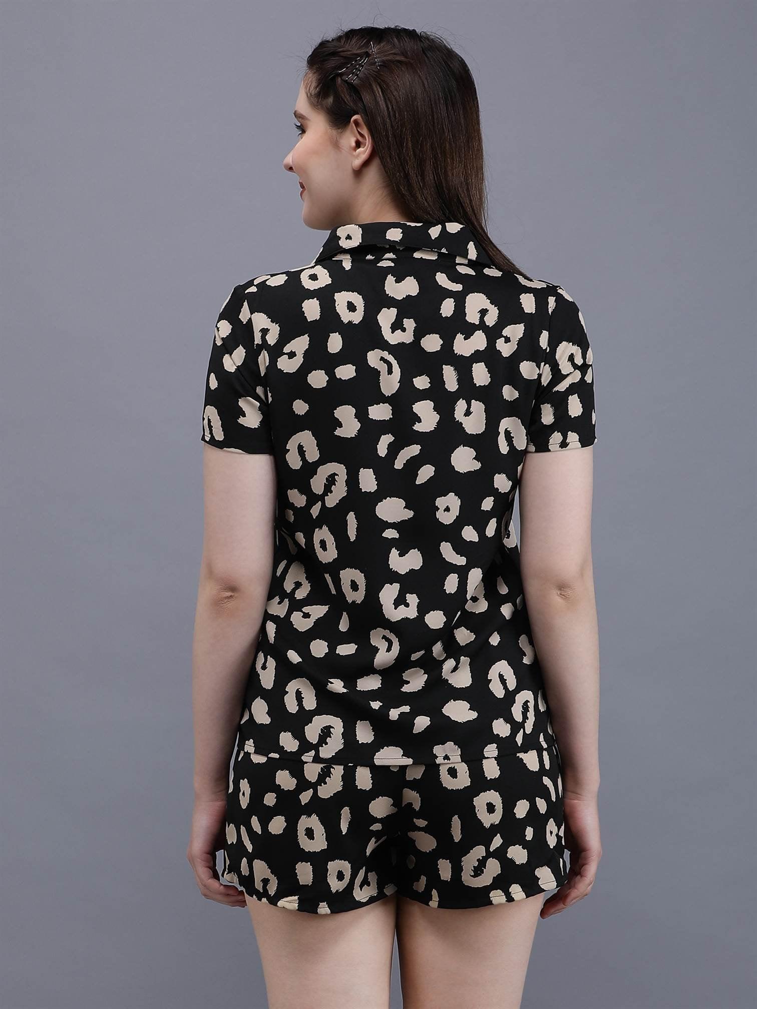 Waylene Printed Shirt & Shorts Set, back view, black with beige abstract print.
