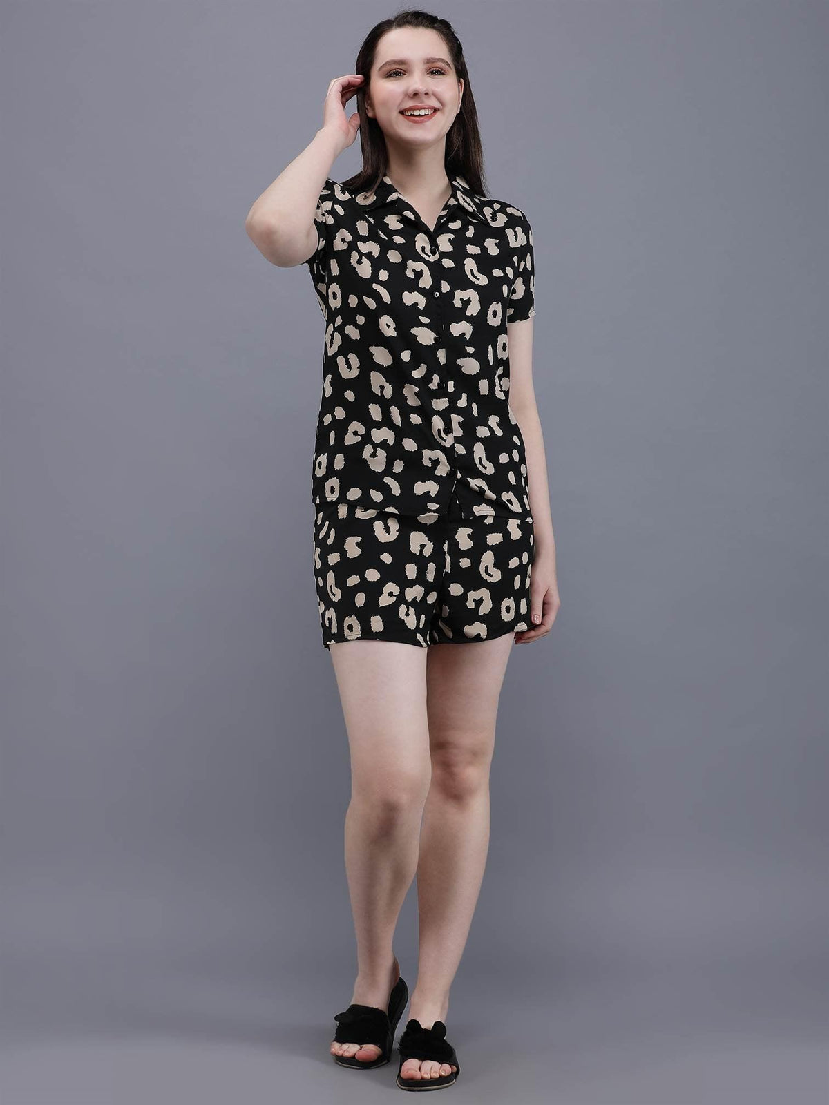 Waylene Printed Shirt & Shorts Set for Women, front view, black with beige abstract print.