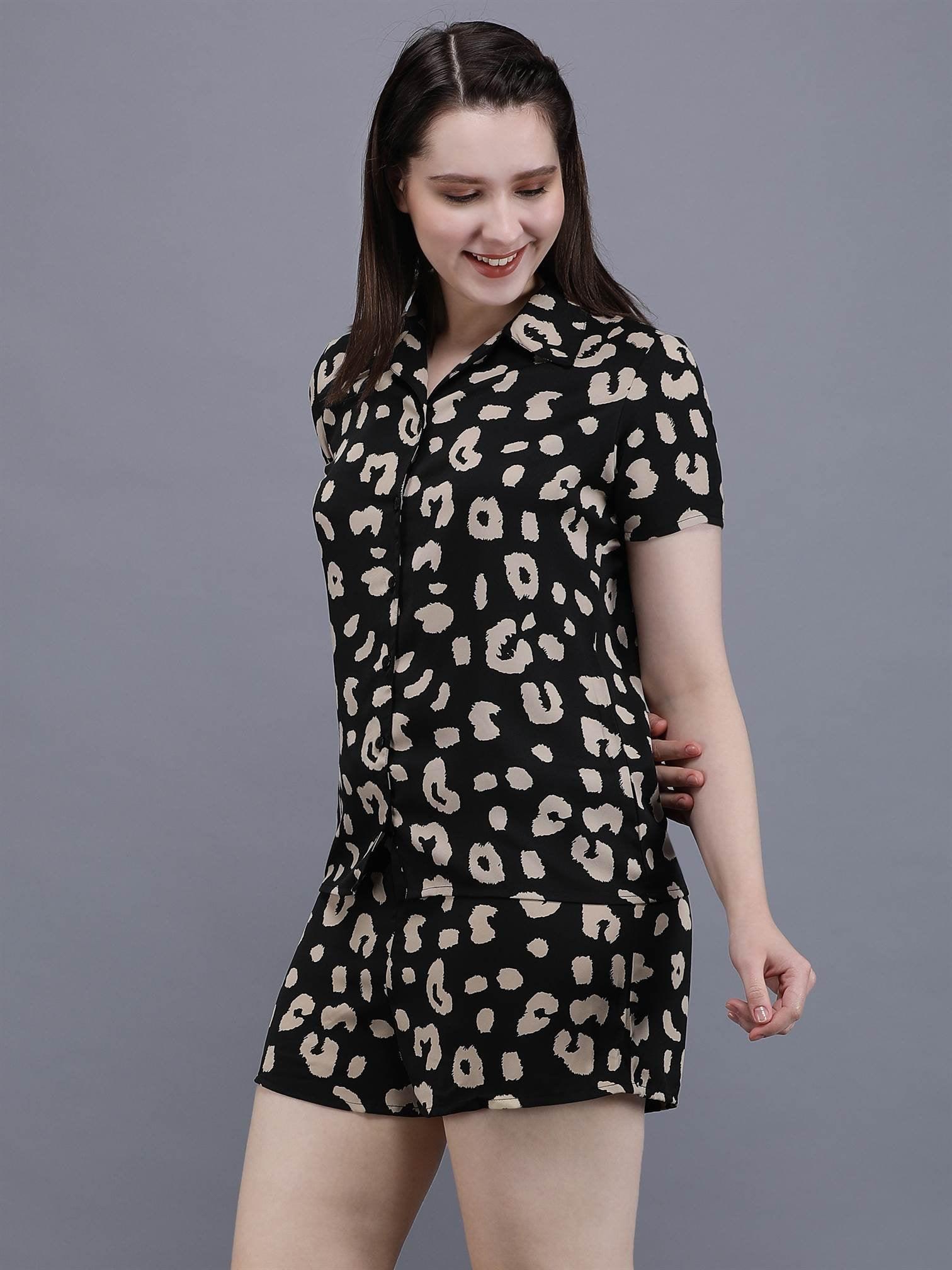 Waylene Printed Shirt & Shorts Set, side view, woman smiling, black with beige abstract print.
