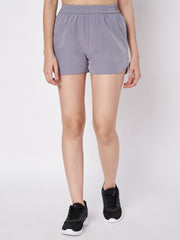 Waylene Grey Polyester Shorts, front close-up view highlighting elastic waistband and smooth texture