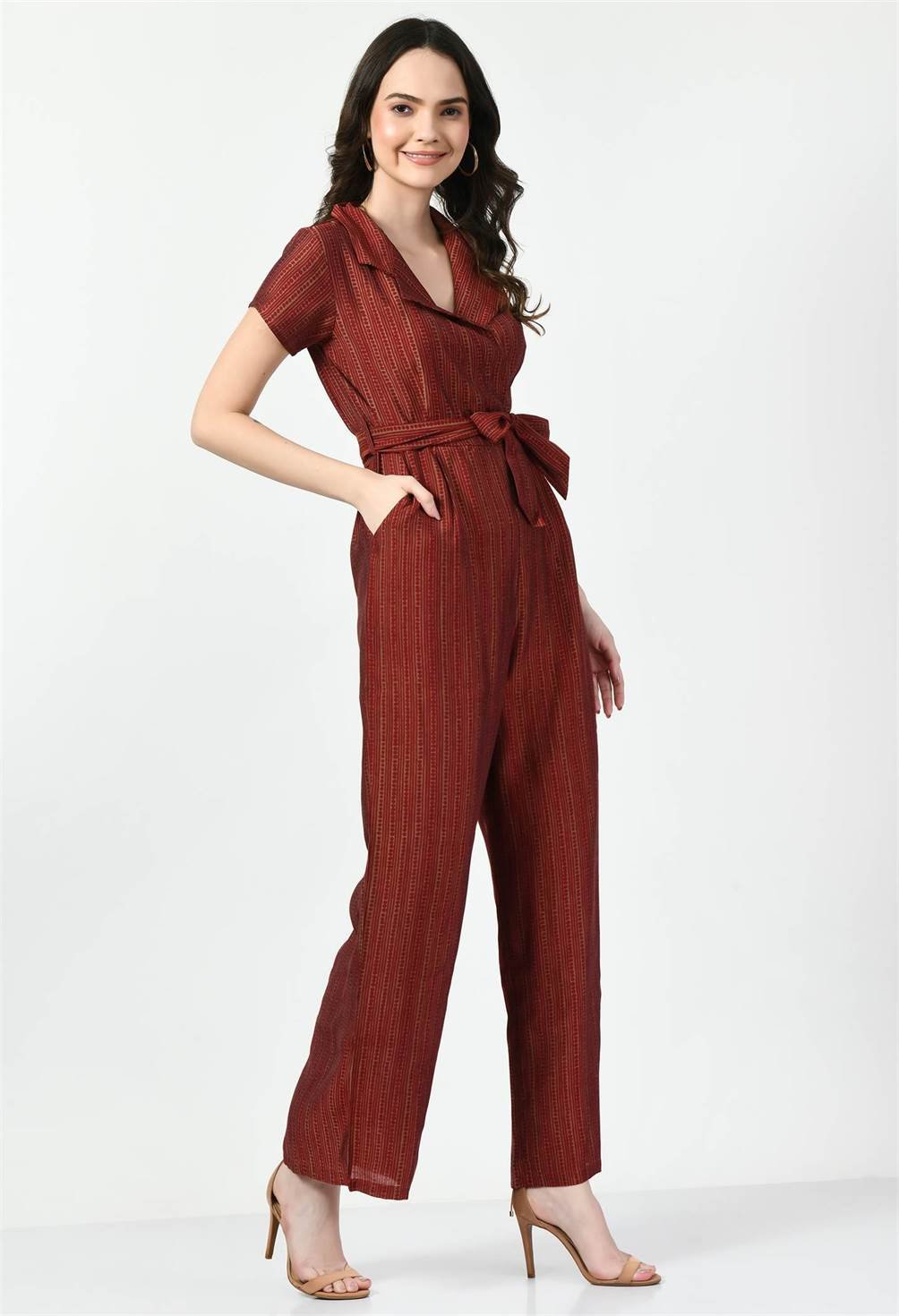 Side View of Waylene Striped Red Jumpsuit with Wide-Leg Fit