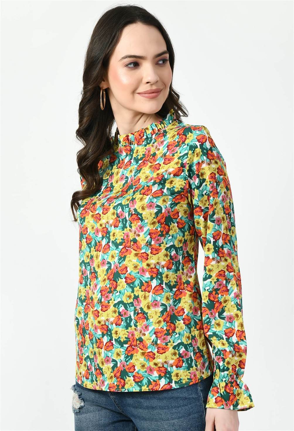 Side View of Waylene Floral Top with Long Sleeves and Ruffles