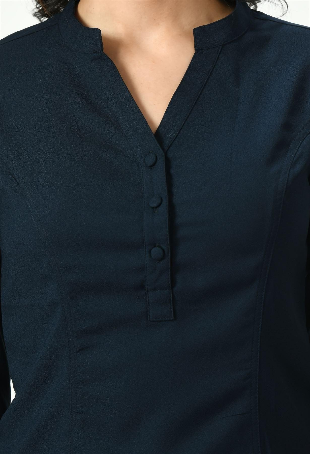 Close-up of the upper part of a dark navy blue Waylene button-up top showing detailed features like the button placket and collar.
