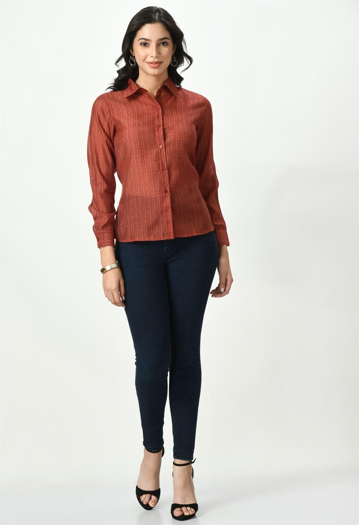 Full View of Waylene Red Sheer Shirt Paired with Dark Jeans
