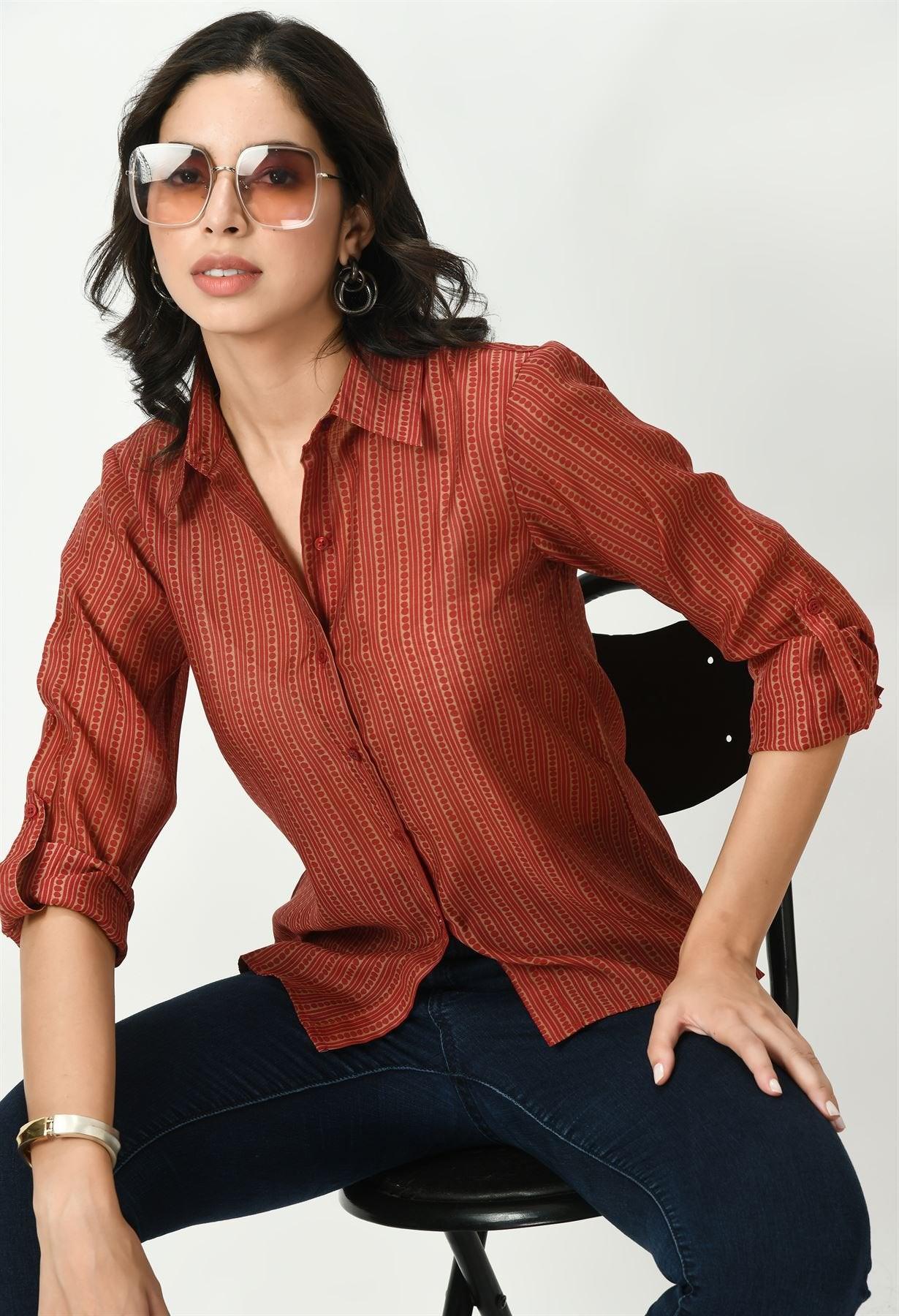 Waylene Red Sheer Shirt with Sunglasses and Rolled Sleeves for a Chic Look